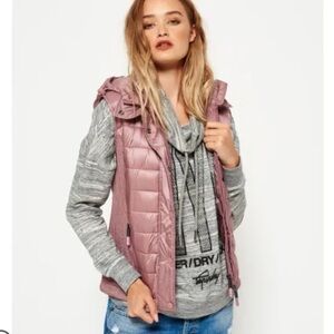 Superdry “Luxe Fuji” Hooded Double Zipper Vest Shimmer Pink Extra Small Like New